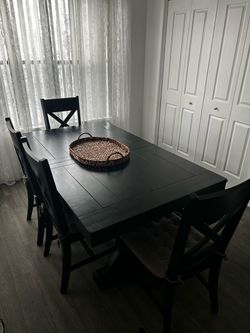 Black Wood Dining Table with Chairs and Bench