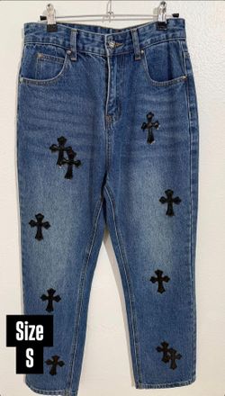 CHROME HEARTS LEATHER CROSS PATCH DENIM JEANS