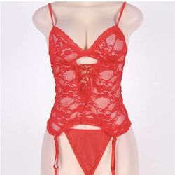 Red Sexy Women Lingerie Set Teddy Bodysuit with Garter Belt Lace Sleepwear M
