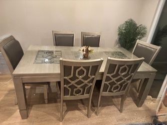 Silver Rectangular Dining Table and chairs With Mirror, Glass, Inlay, Ext Leaf