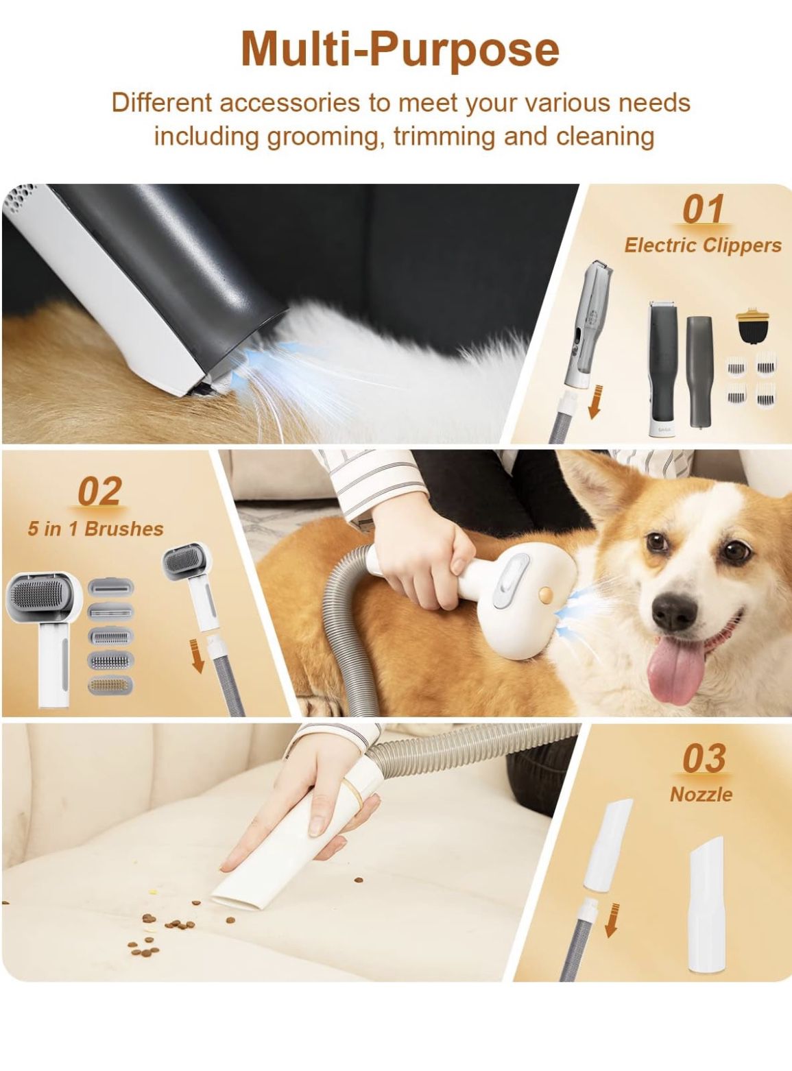 Pet Grooming Vacuum for Dog - 60dB Low Noise Dog Grooming Vacuum Kit Suck in 99% Hair, Dog Grooming Tools for Shedding Small, Medium Dog Cat Thick Coa