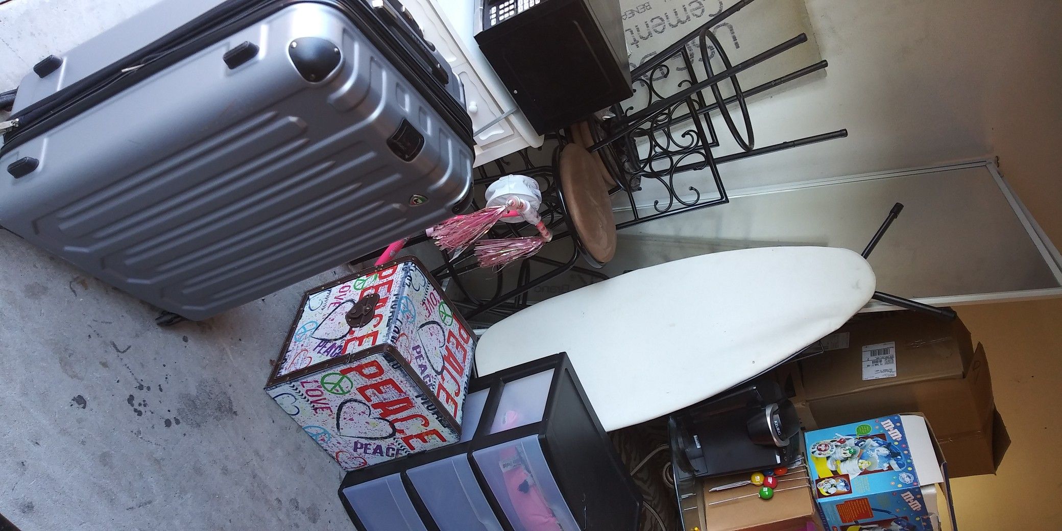 Bar stools high chairs (sold) iron board luggage M&M stuff storage small white desk