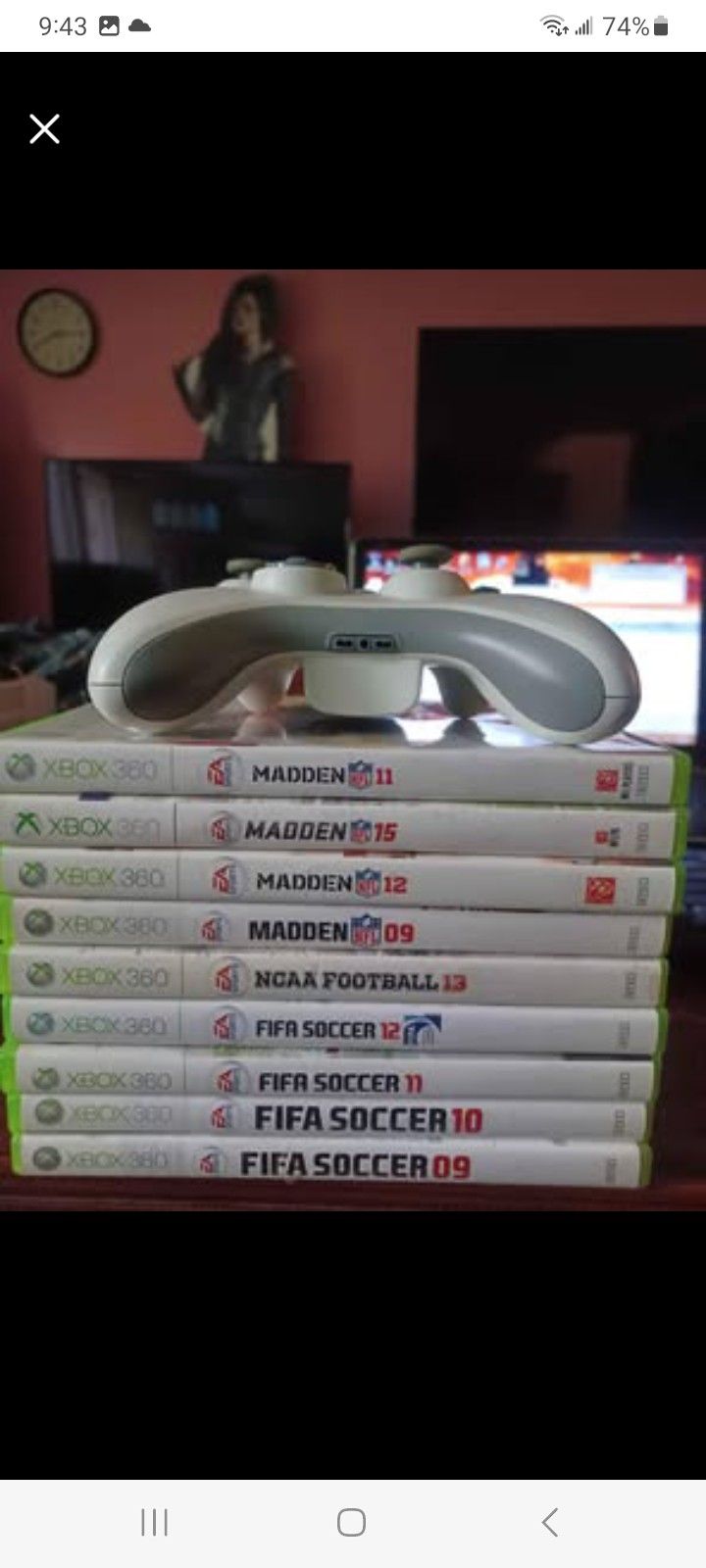250GB XBOX FUTBOL-FOOTBALL BUNDLE WITH 22" SAMSUNG 1080P TV WITH ROKU STREAMING STICK AND REMOTES $300 FINAL PRICE