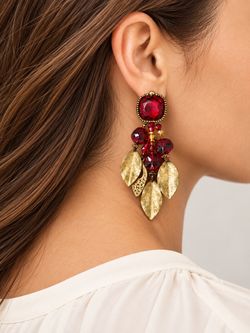 Red Crystal and Gold Leaf Drop Earrings