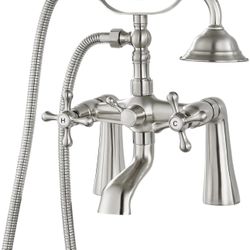 gotonovo Deck Mount Tub Bathtub Faucet Clawfoot with Handheld Shower 6 Inch Brushed Nickel Telephone Shaped Sprayer Showerheld Double Cross Handle