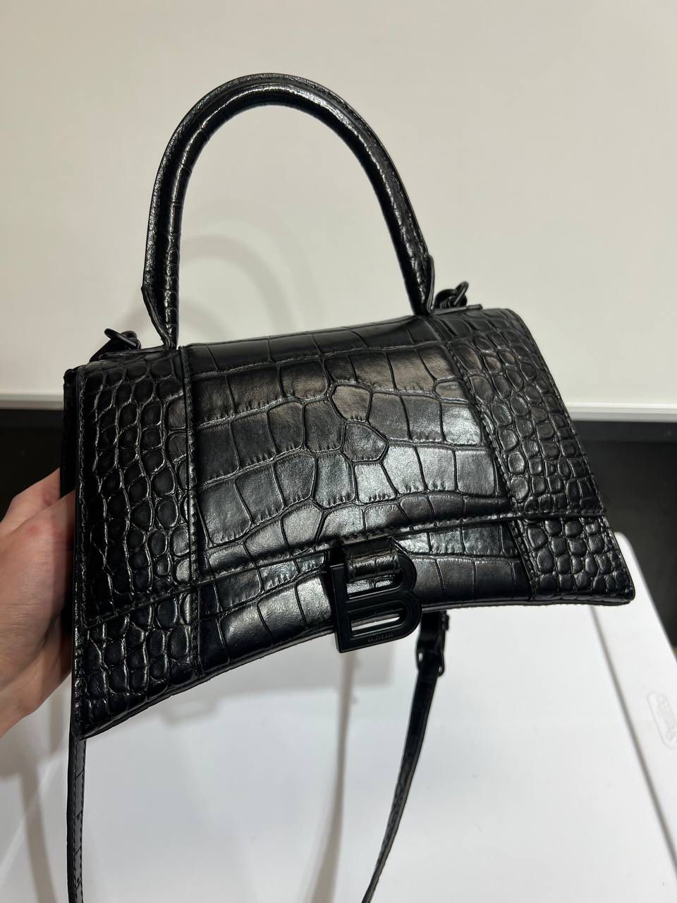 Balenciaga Medium Hourglass Croc-Embossed Leather Top Handle Bag
