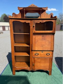 Gorgeous Late 1800's Solid Oak Wood Curio Cabinet/Secretary Desk
