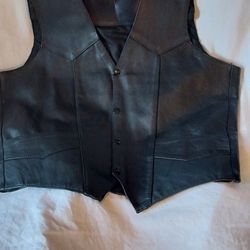 Black Snap-Front V Neck Leather Vest.  Medium 