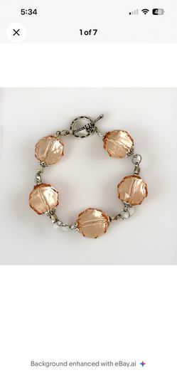 Handmade Peach Pink Faceted Bead Bracelet Silver Tone Chunky Toggle Clasp