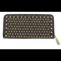 MICHAEL KORS JET SET TRAVEL BROWN MK PVC+GOLD STUD ZIP-AROUND CONTINENTAL WALLET