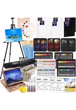 ESRICH 166 Pcs Deluxe Painting Set, Painting Supplies with 96 Paint Metal and Beech Wood Easel, Oil, Watercolor & Acrylic Paint, Canvas, Paper Pads, 4