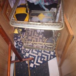 1900 Brass Two Tiered Antique Tea Bar Cart On Wheels