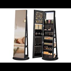 SONGMICS 6 LEDs Lockable Mirror Jewelry Cabinet, 360° Swivel Jewelry Organizer Armoire Standing, Fra