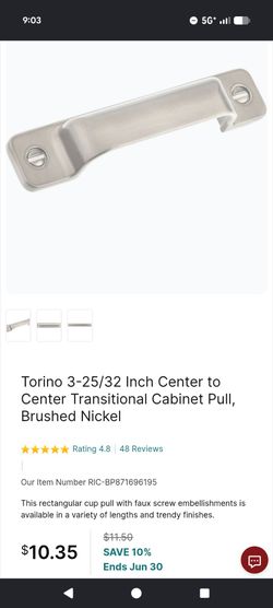 Torino 3-25/32 Inch Center to Center Transitional Cabinet Pull, Brushed Nickel