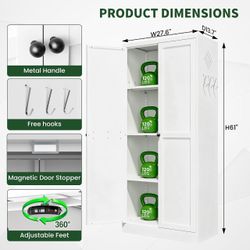 Kitchen Pantry Cabinet,White Metal Pantry Cabinet with 2 Doors & 3 Adjustable Shelves,61" Farmhouse Utility Storage Cabinet for Living Room,Garage,Bas