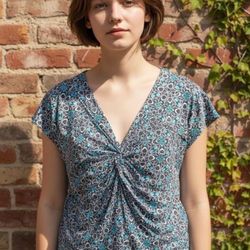 Susan Lawrence Teal and Gray Floral Twist-Front V-Neck Blouse