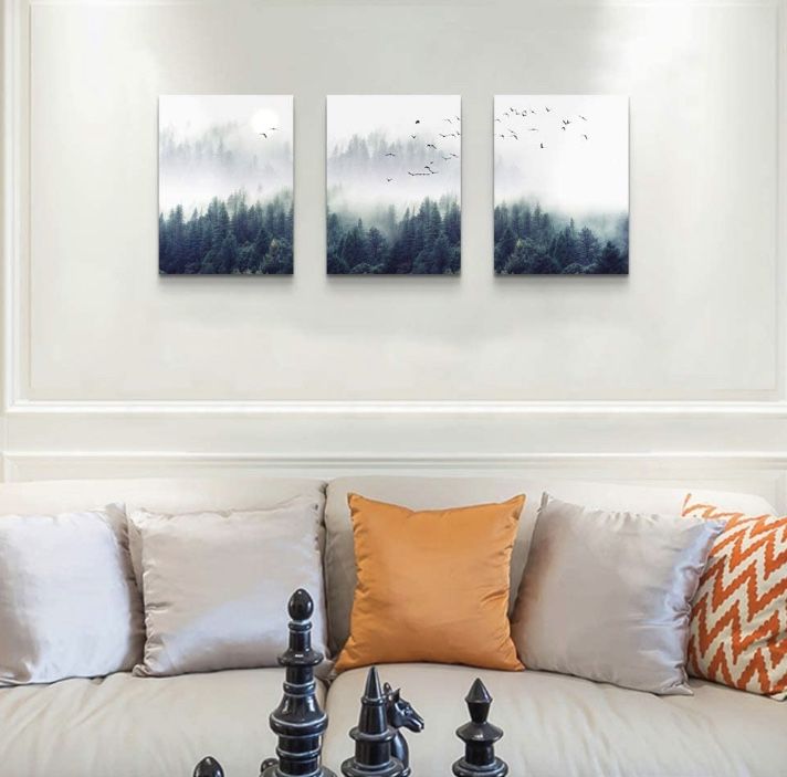 Brand New | 3 Piece Canvas Wall Art for Living Room- wall Decorations for Bedroom Foggy forest Trees Landscape painting
