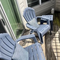 Blue Patio Adirondack Chairs with Table and Cushions