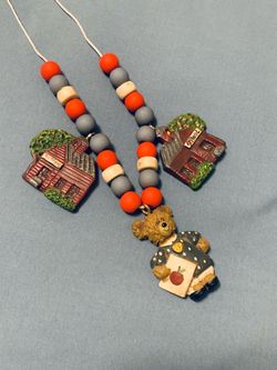 School themed beaded adjustable necklace w/schoolhouse + bear w/apple charms