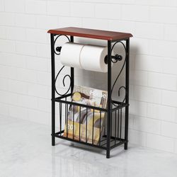Black Metal & Cherry Wood Design Toilet Paper Holder & Floor Magazine Rack Stand
