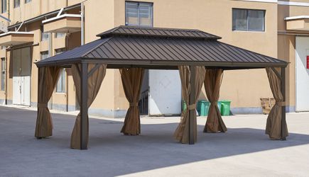 20 x 12 FT Hardtop Double Roof Metal Gazebo, Heavy Duty Pergola with Mosquito Nets & Galvanized Steel