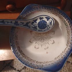 Vintage China Bowl N Spoon Blue N White