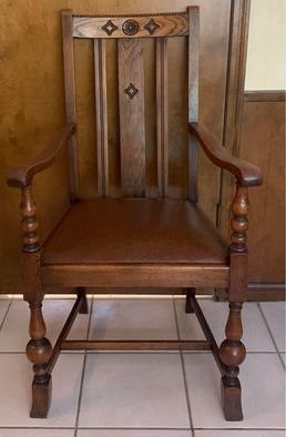 Vintage oak wood arm chair with leatherette seat