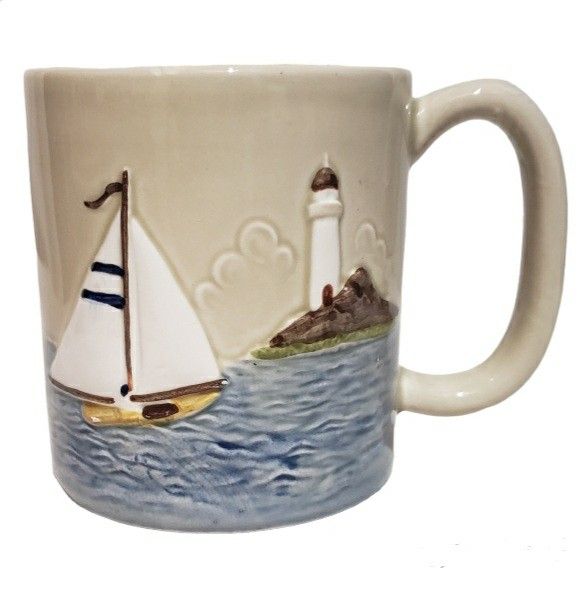 otagari hand-painted vintage  nautical sailboat ocean lighthouse 4" mug