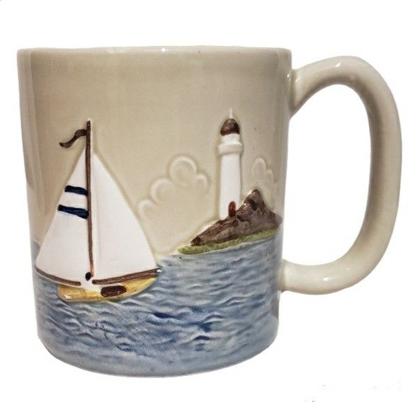 otagari hand-painted vintage nautical sailboat ocean lighthouse 4" mug