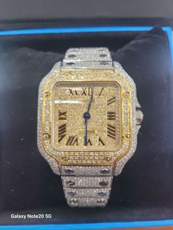 Two-Tone Cartier Santos Watch Fully Iced-Out Diamond-paved dial, bezel, and bracelet with yellow gold accents