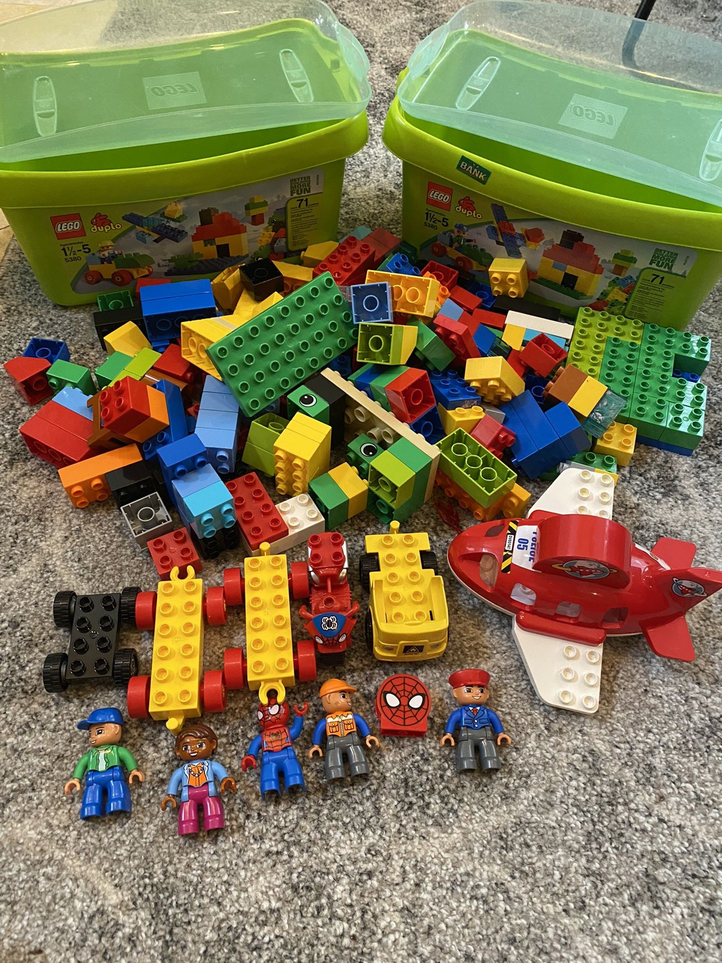 Legos- 2 Sets- 5 Figures, Airplane, Motorcycle Etc 