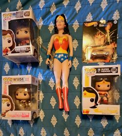 Wonder Woman Funkos, Hot Wheels, & Vintage 14" Doll