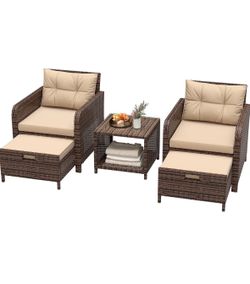 5 Piece Patio Furniture Set, PE Wicker Outdoor Furniture Set with Soft Cushions & Coffee Table, Outdoor Lounge Chairs with Ottoman for Porch, Lawn, Ba