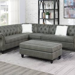 💥 Brand New Grey Retro Style Sectional Sofa (Ottoman Sold Separately)💥
