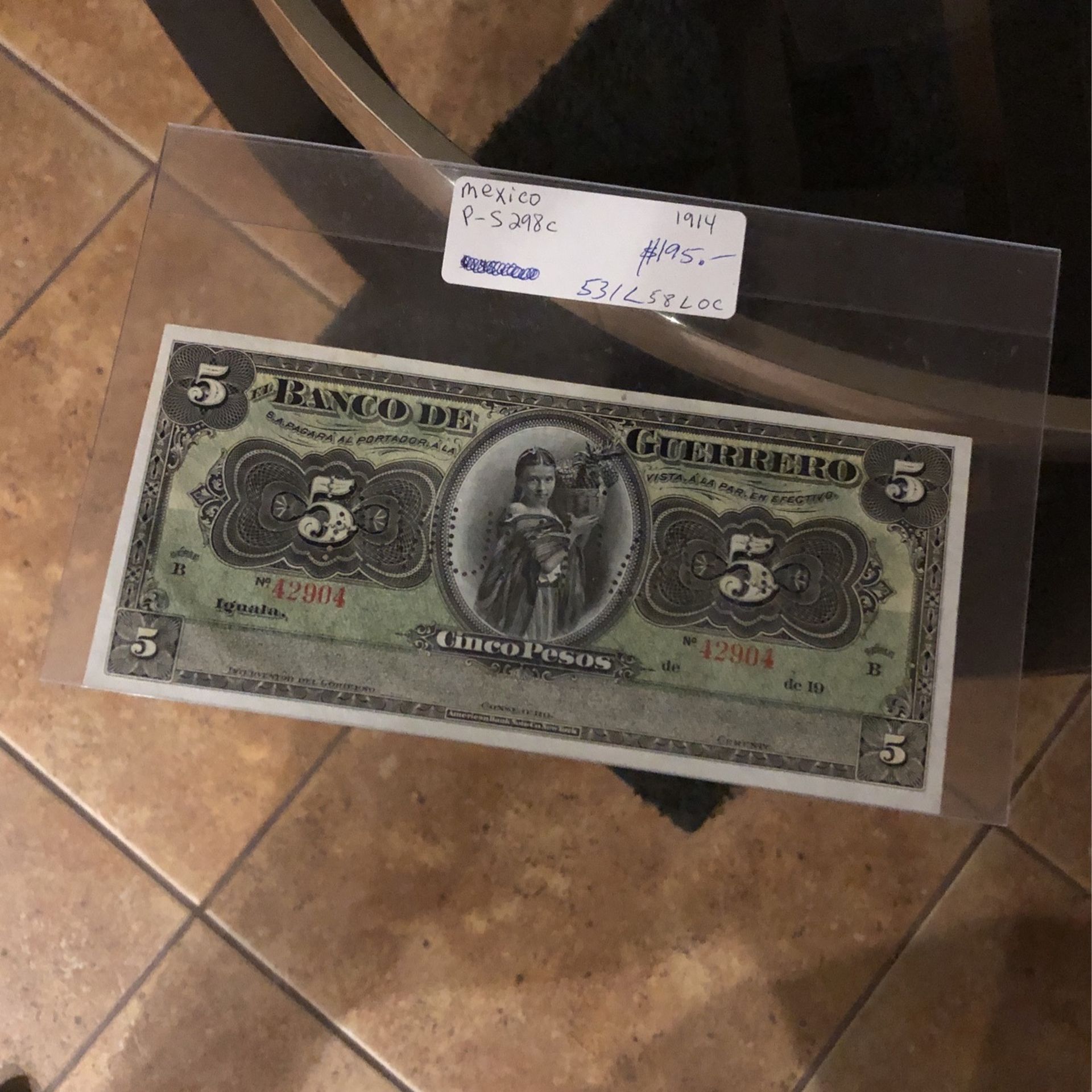 Vintage Rare 1914 5 Peso Banknote Guerrero