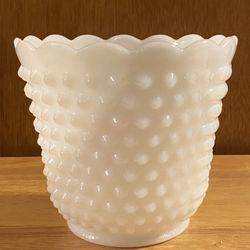 Fire King Oven Ware Milk Glass Hobnail Scalloped White Bowl Vase Planter 5.25”
