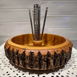 Vintage Nut Cracker Set Wooden Log Bark Bowl With Metal Cracker & 4 Picks Set