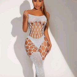 Rhinestone Studded Cross Bodystocking. One size