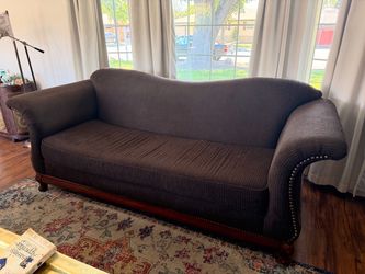 Dark Brown Camelback Sofa with Nailhead Trim