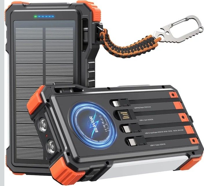 BLAVOR 45W Power Bank Solar Charger Built in Cables, 20000mAh Wireless Portable Charger with USB C, PD QC Fast Charging Waterproof Battery Pack