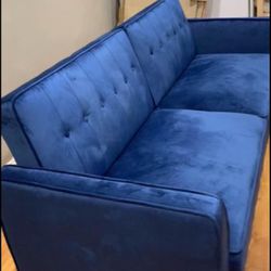 Dark royal blue velvet futon couch