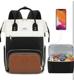 Lunch Backpack, 17.3 Inch Laptop Backpack with USB Port, Stylish Nurse, Teacher Work Bag with Insulated Cooler Lunch Box for Women Men/Travel, Black-B