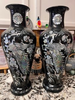 Vintage Mother of Pearl on Lacquer Tall Vases
