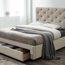 Brand New Beige Queen Platform Storage Bed Frame (Available In California & Eastern King)