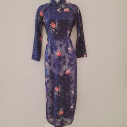 Hand Crafted Vintage Japanese Dark Blue Rose Buds Detailed Sheer Fabric Tunic Size Small 