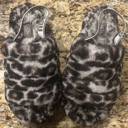 UGG Women's Fluff Yeah Slide Snow Leopard Panther Print Slipper Stormy Gray 1120903