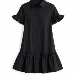 Quince 100% Organic Cotton Poplin Short Sleeve Ruffle Shirt Dress black Sz L NWT