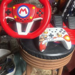 Mario Kart Steering Wheel Gaming Controller With The Pedals And One Mario Brothers Paddle