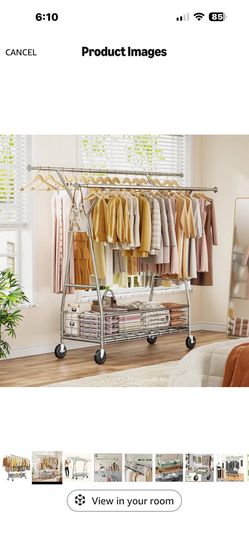 Raybee Heavy Duty Clothes Rack 630LBS, Clothing Racks for Hanging Clothes, Double Rods with Storage Basket, Portable Garment Rack for Heavy Clothes, B