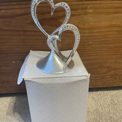 Silver Double Hearted Wedding Cake Topper With Rhinestones 
